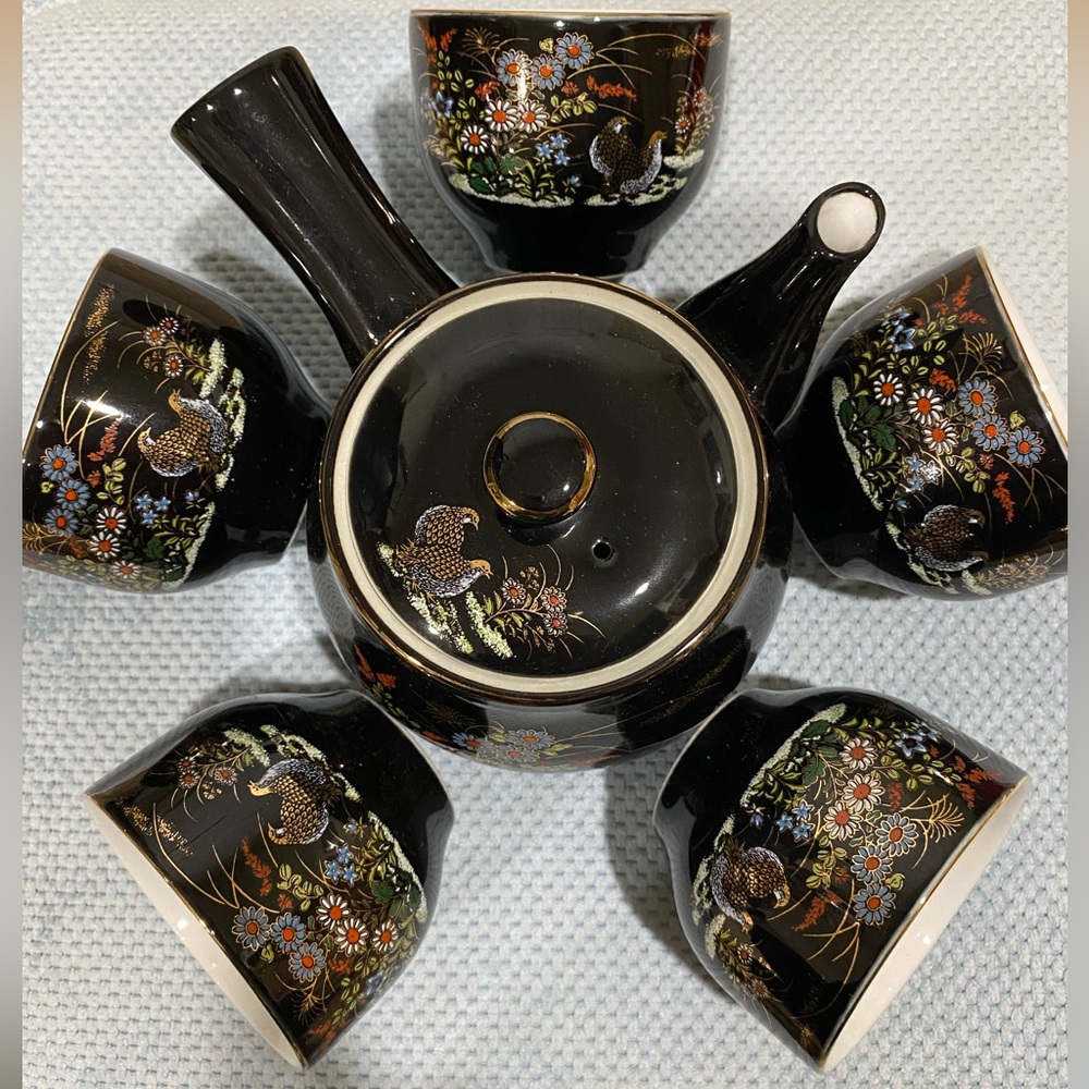 Elegant Black Floral And Pheasant Tea Set.